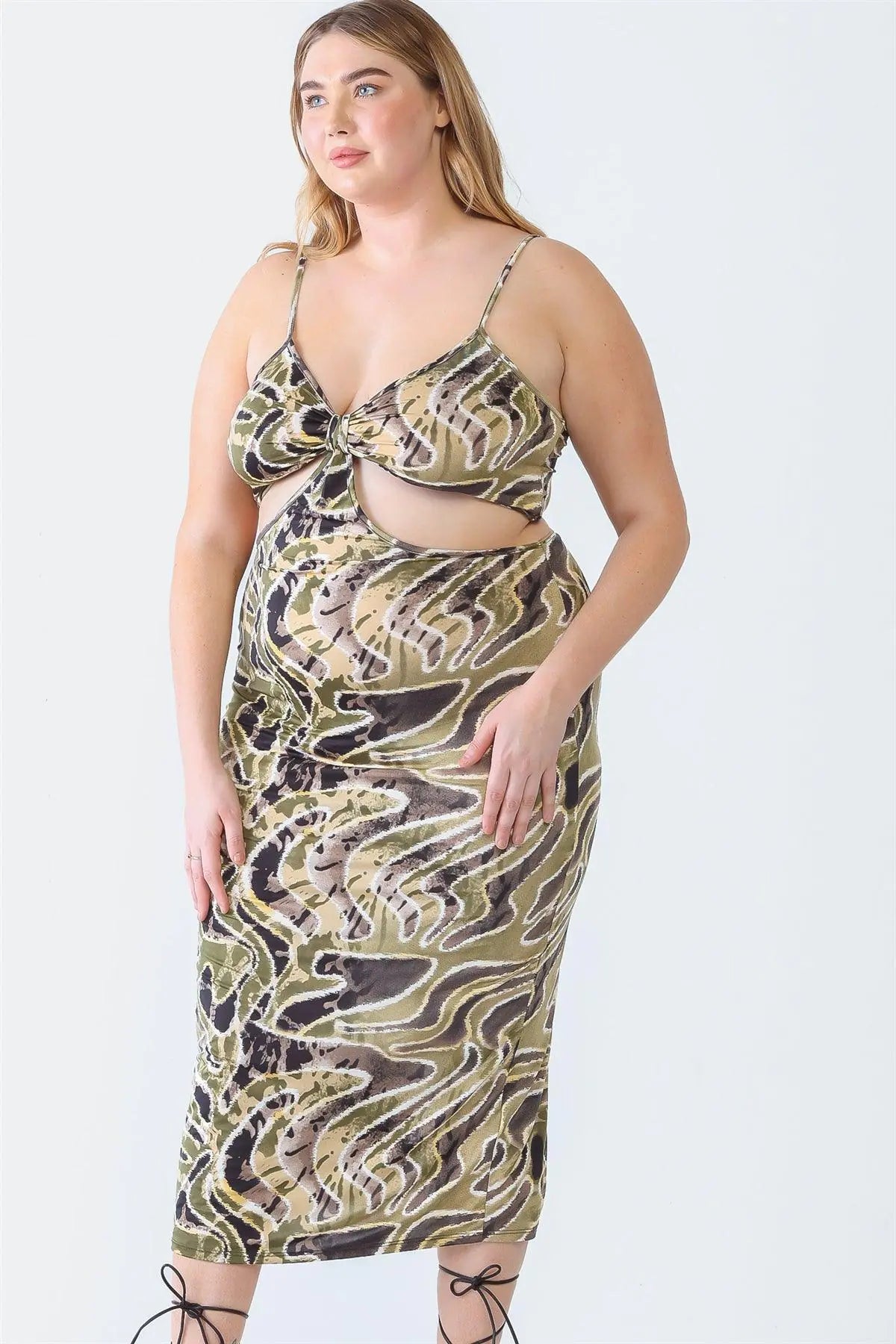 Olive Plus Size Printed Bow Cut-Out Sleeveless Midi Dress