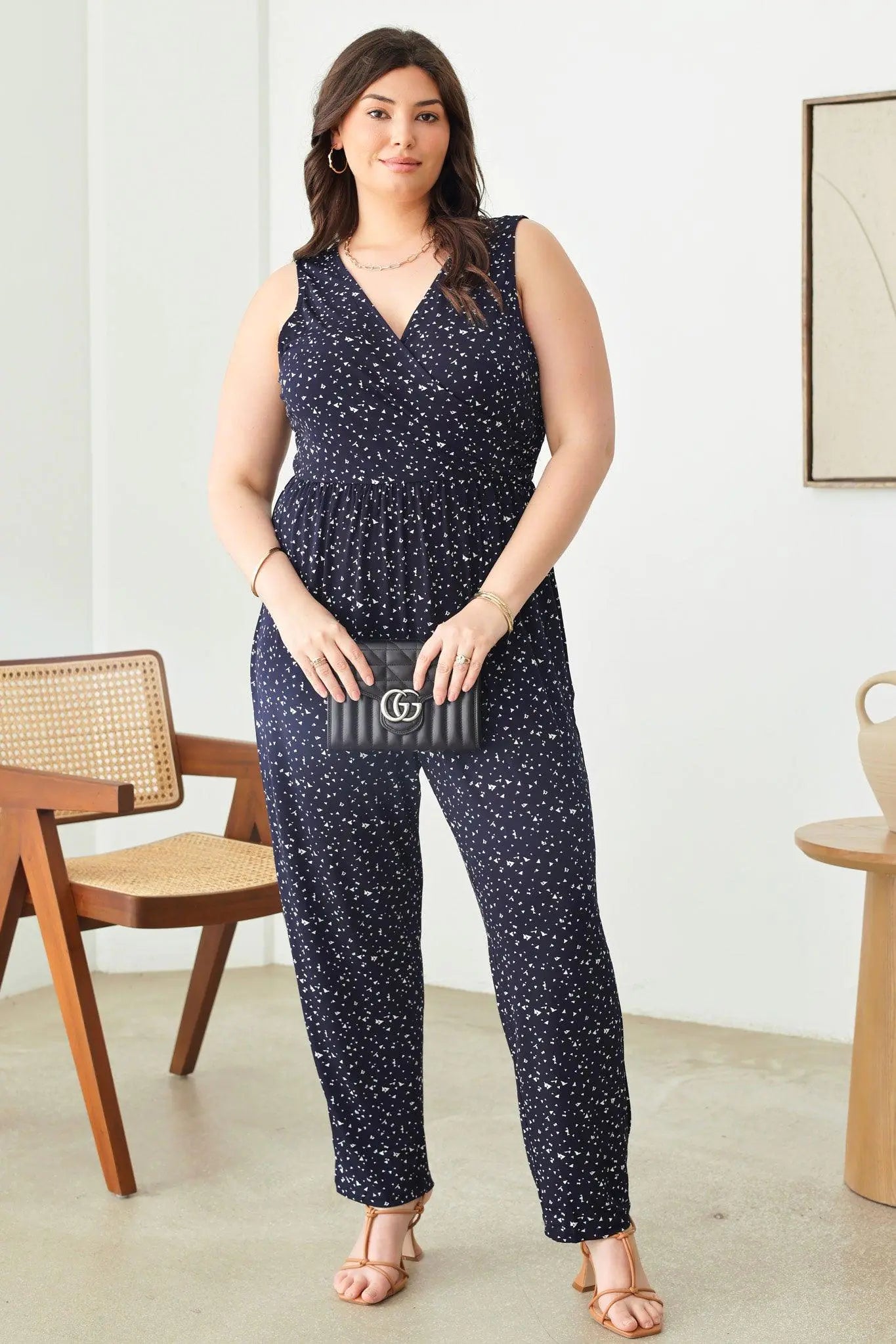 Plus Size Abstract Print Sleeveless Warp Bust Elastic Waist Jumpsuit