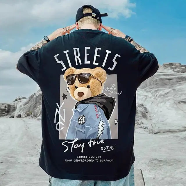 Camiseta solta com estampa de urso da moda verão