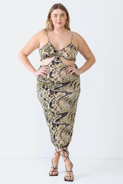 Olive Plus Size Printed Bow Cut-Out Sleeveless Midi Dress