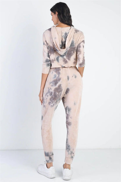 Tie-Dye Button Up Midi Sleeve Hooded Jumpsuit