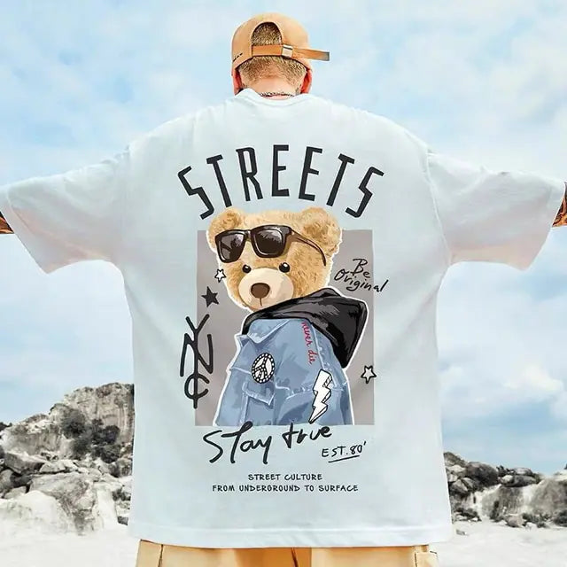 Camiseta solta com estampa de urso da moda verão