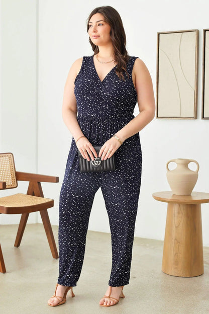 Plus Size Abstract Print Sleeveless Warp Bust Elastic Waist Jumpsuit