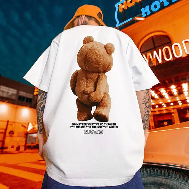 Camiseta solta com estampa de urso da moda verão