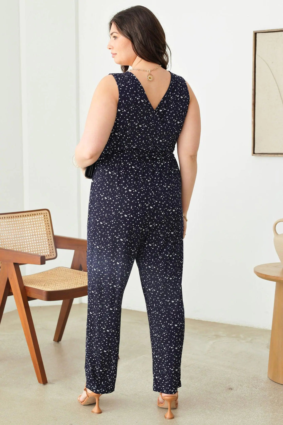 Plus Size Abstract Print Sleeveless Warp Bust Elastic Waist Jumpsuit