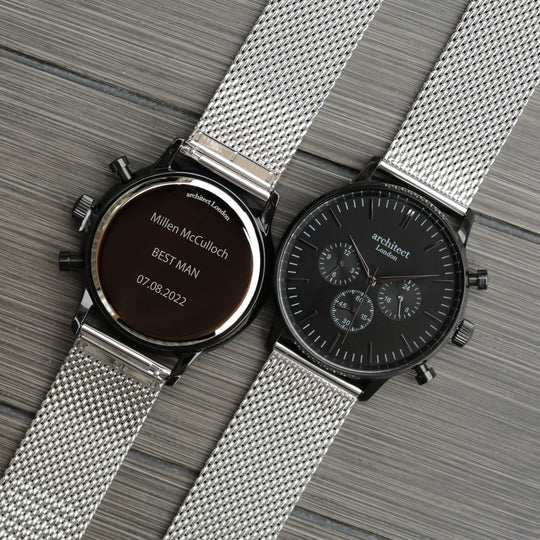 Personalised Architect Motivator In Black With Silver Mesh Strap - Modern Font Engraving