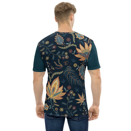 Camiseta com folhas amarelas em fundo azul escuro