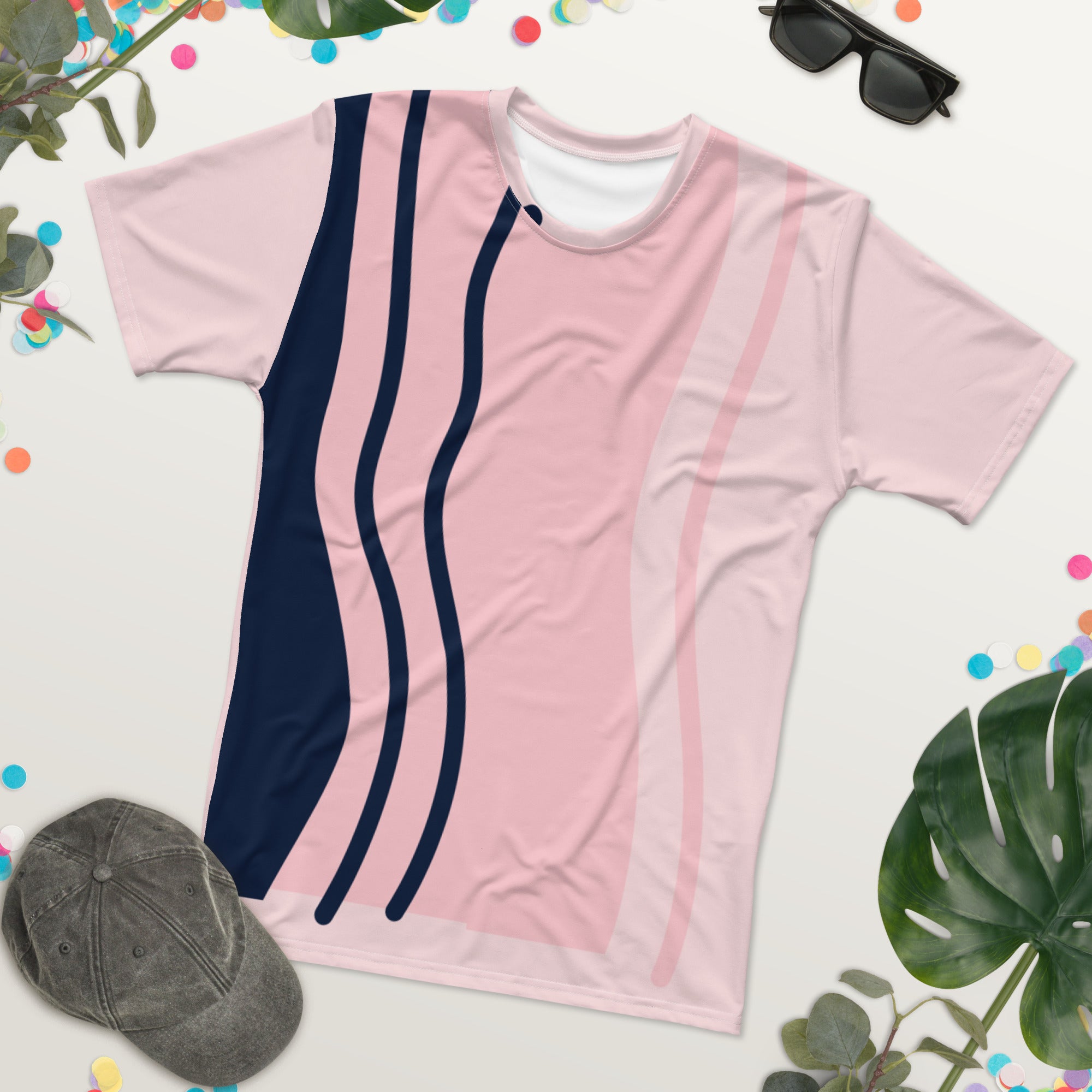 Camiseta Rosa com Linhas Azuis