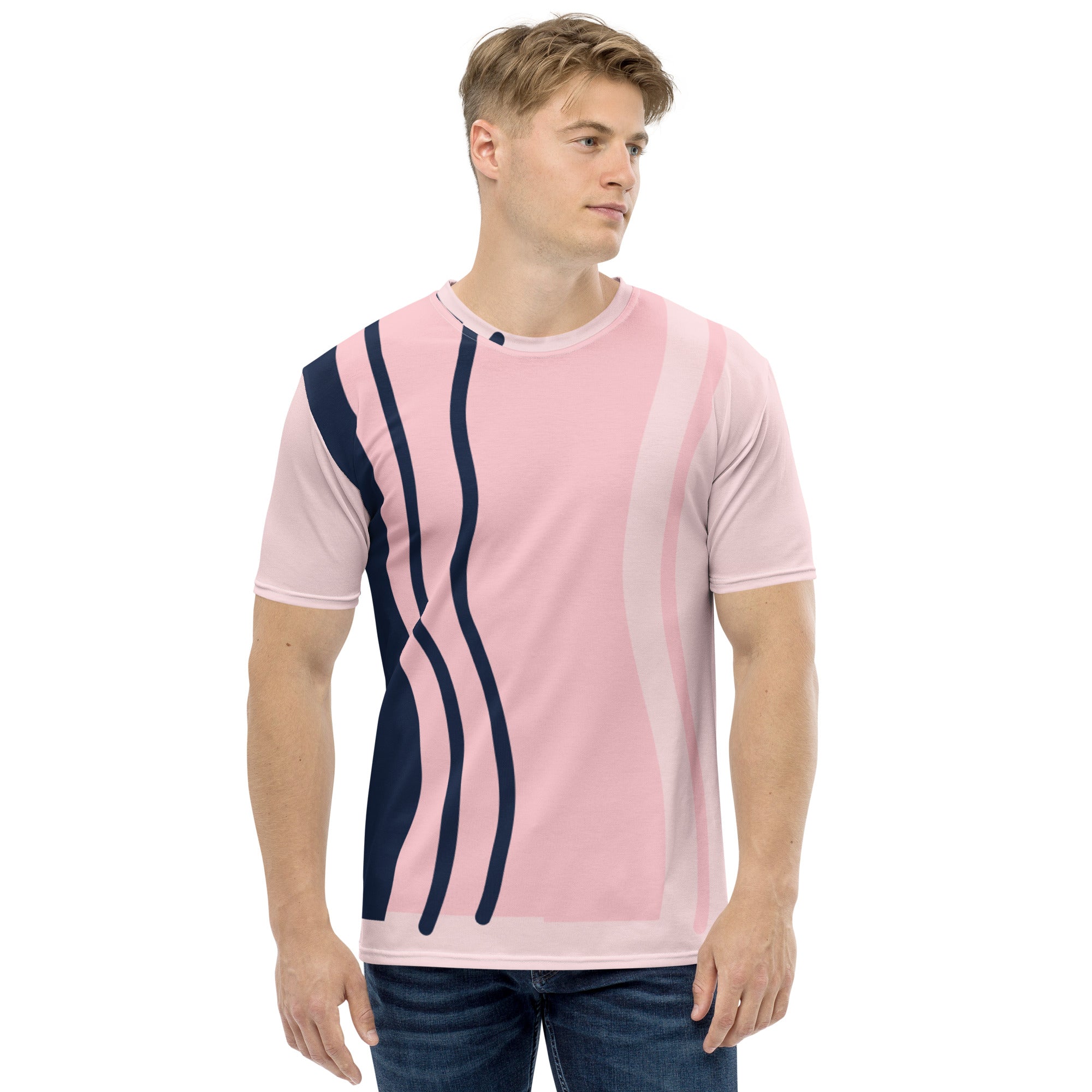 Camiseta Rosa com Linhas Azuis