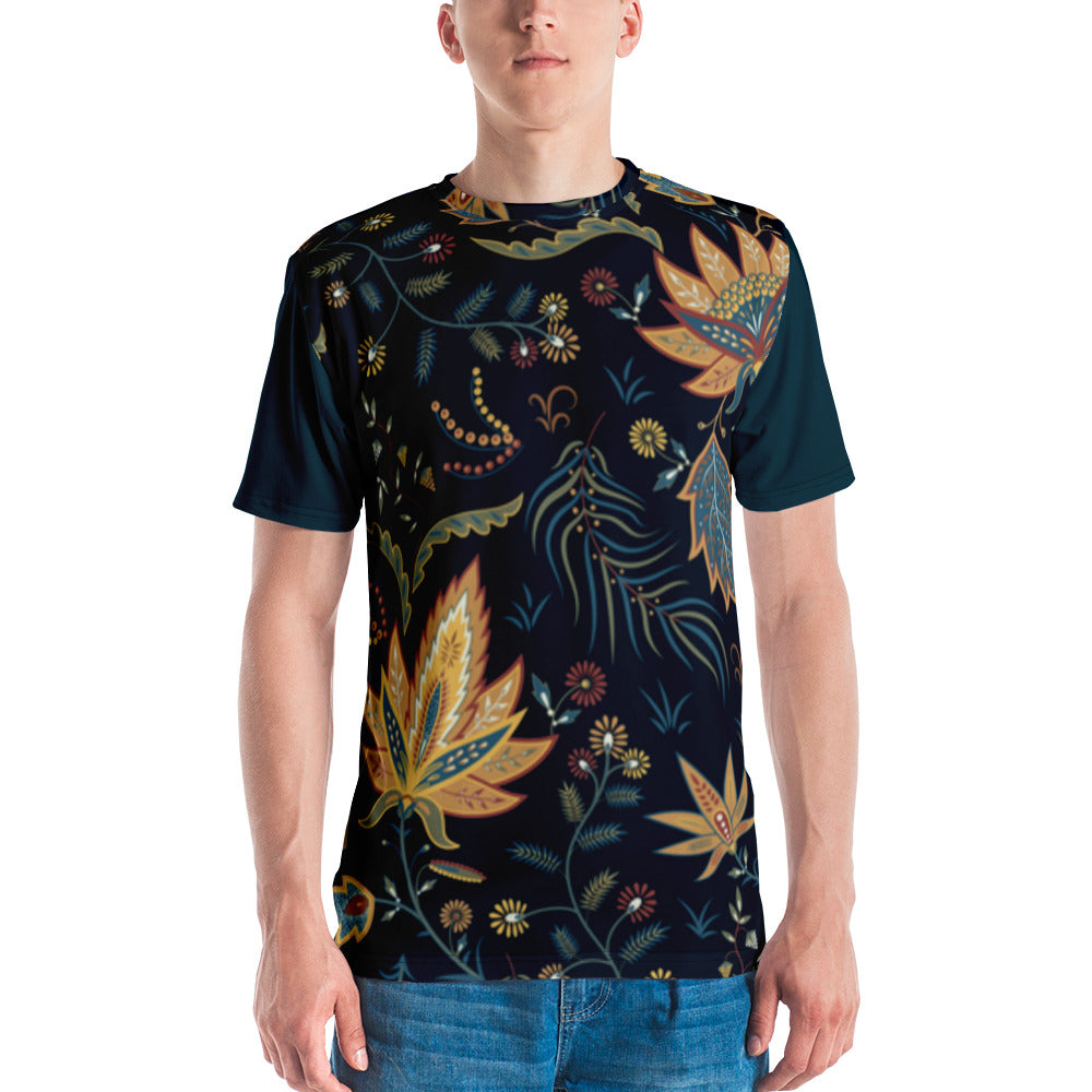 Camiseta com folhas amarelas em fundo azul escuro