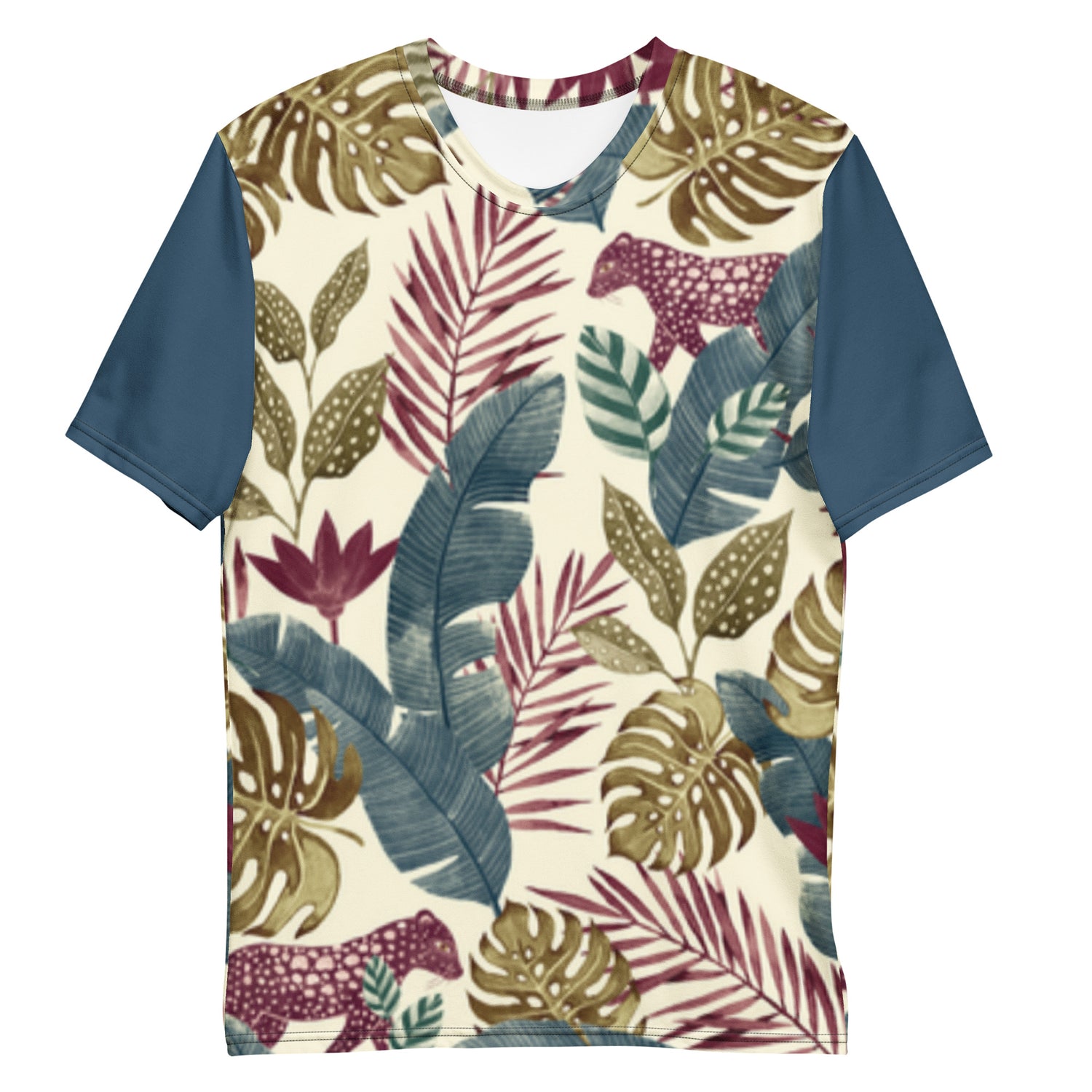 Camiseta Jaguar Vermelha na Floresta com Mangas Azul Escuro