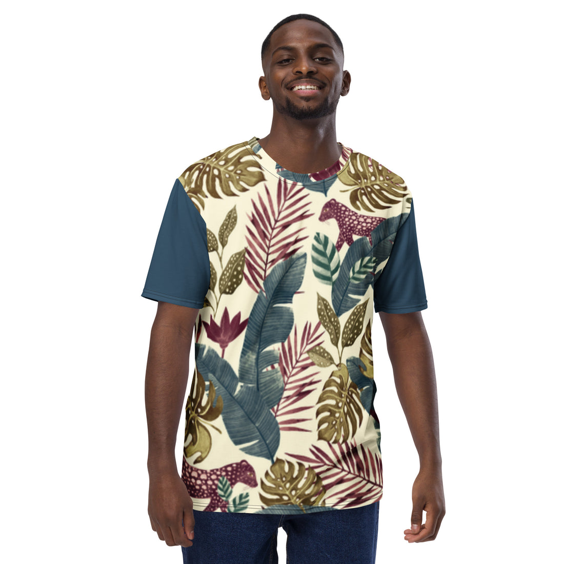 Camiseta Jaguar Vermelha na Floresta com Mangas Azul Escuro