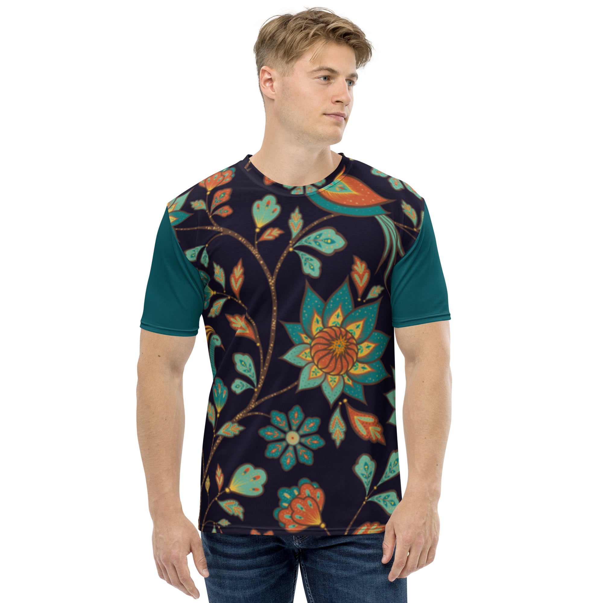 T-shirt Folhas Amarelas e Azuis com Mangas Azul Escuro