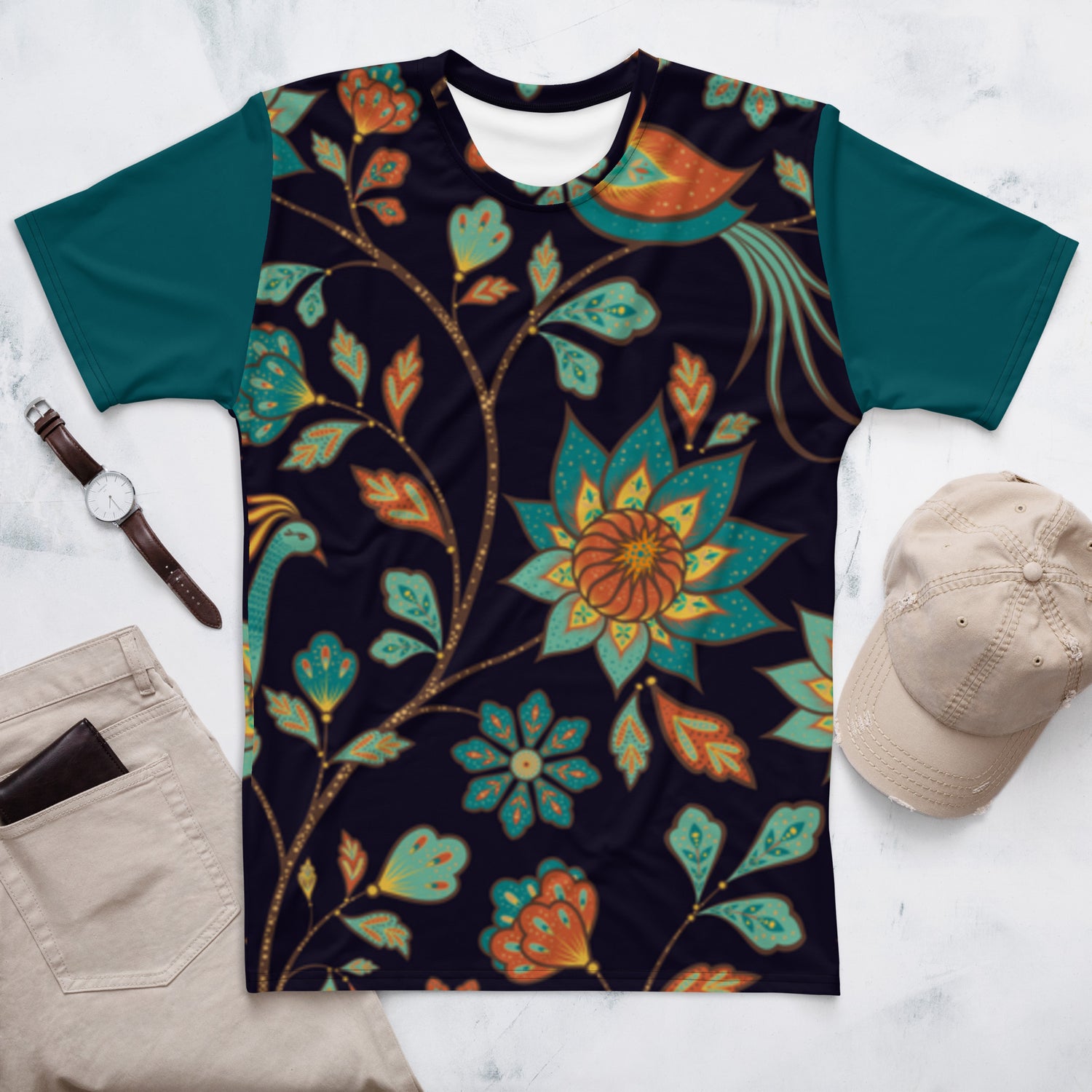 T-shirt Yellow and Blue Leaves with Dark Blue Sleeves