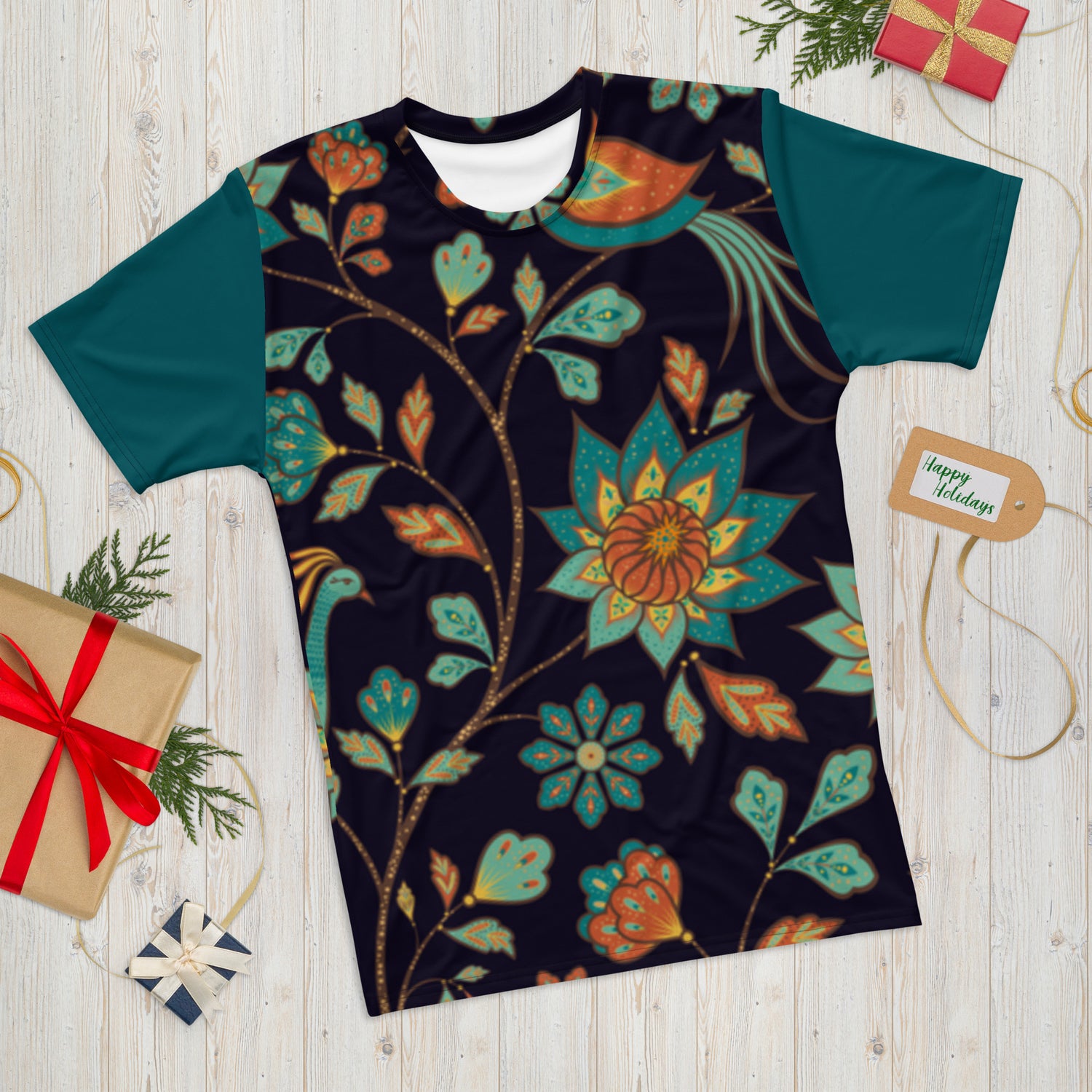 T-shirt Yellow and Blue Leaves with Dark Blue Sleeves