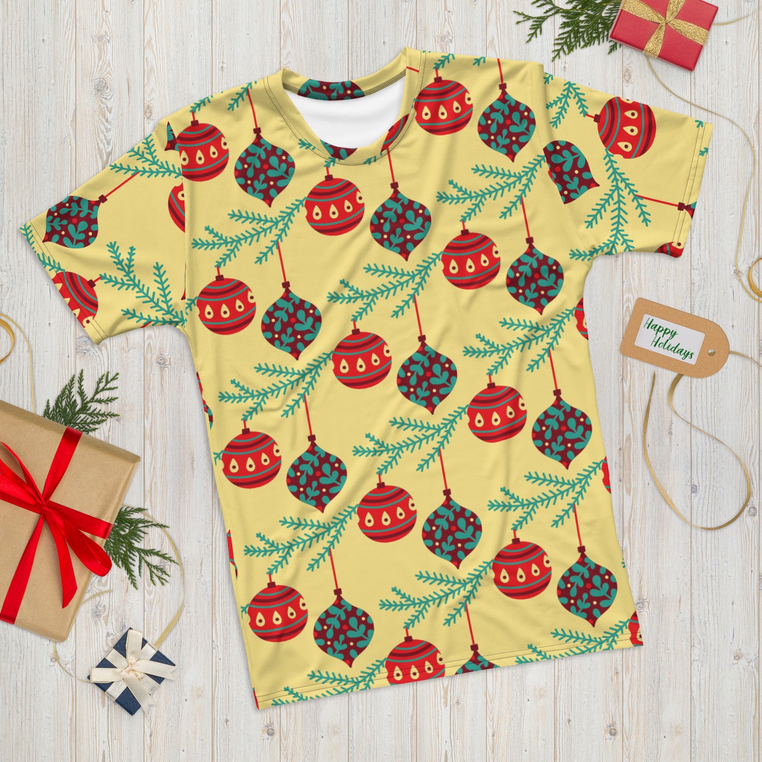 Camiseta Papai Noel com Bolas Amarelas de Natal