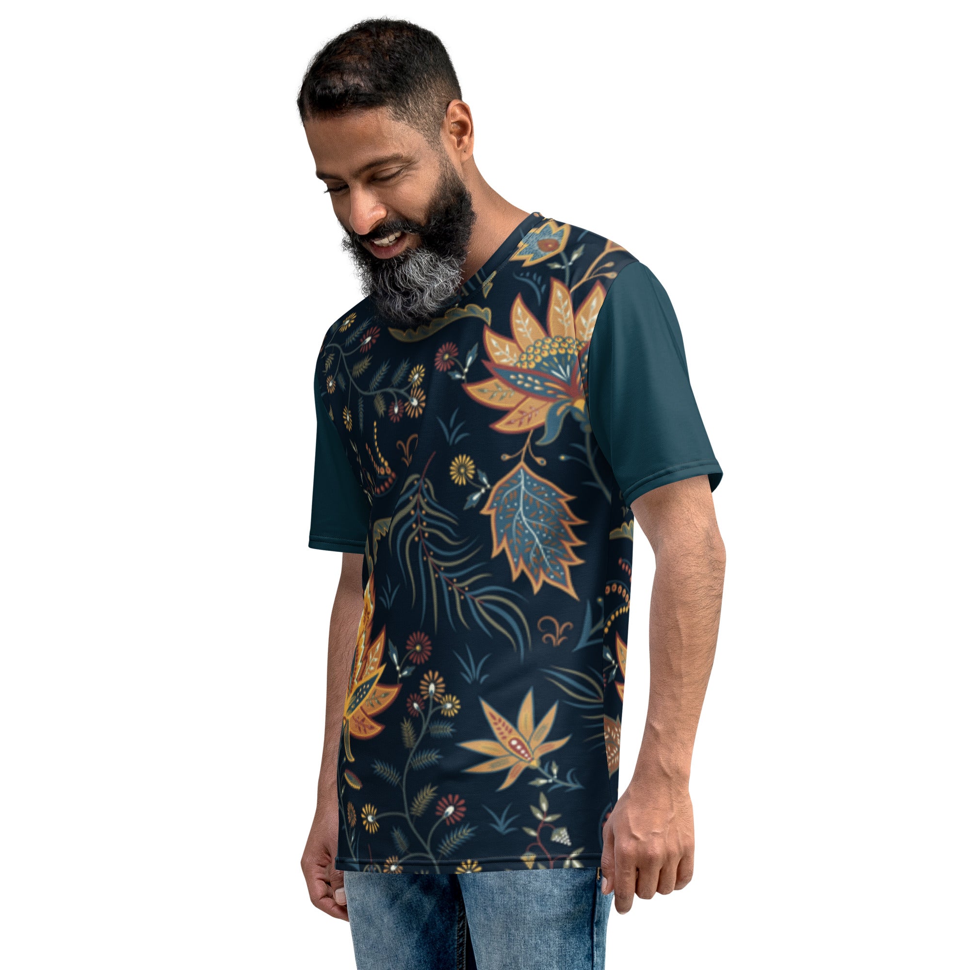 Camiseta com folhas amarelas em fundo azul escuro