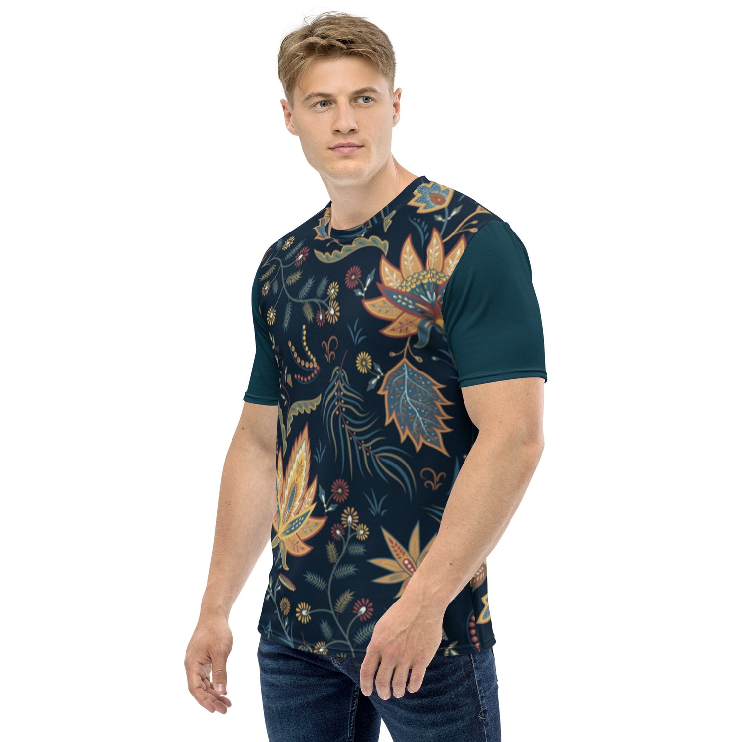 Camiseta Hojas Amarillas sobre Fondo Azul Oscuro