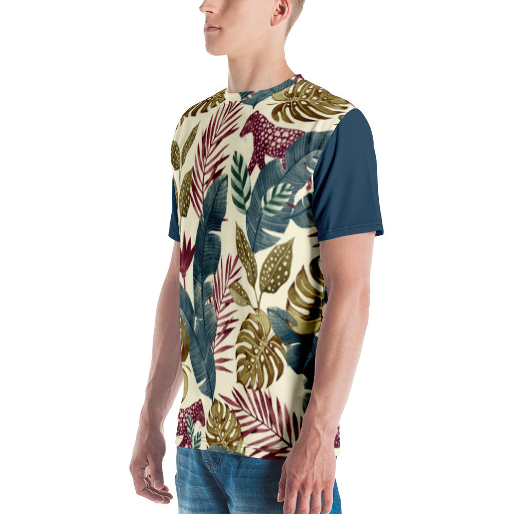 Camiseta Jaguar Vermelha na Floresta com Mangas Azul Escuro