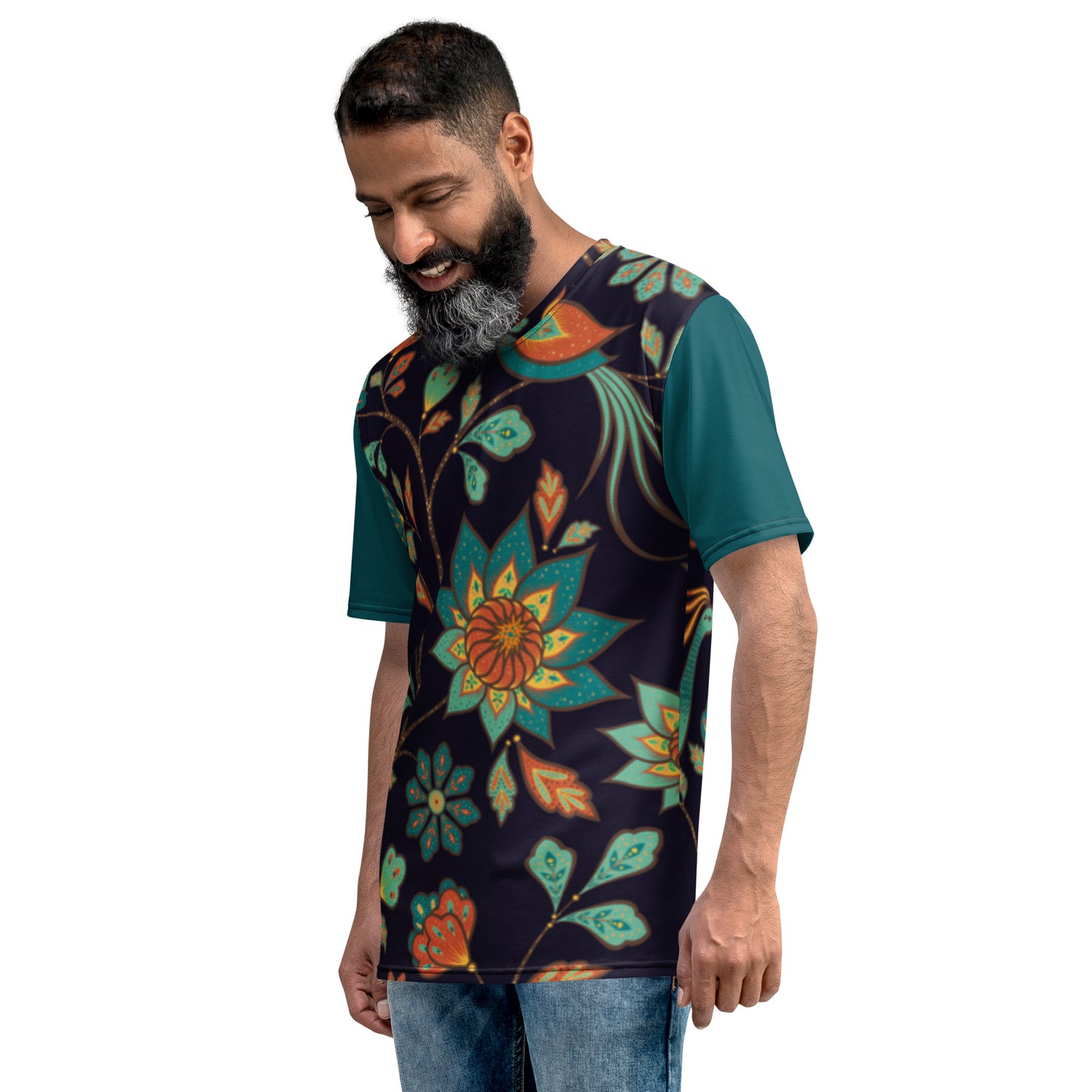 T-shirt Folhas Amarelas e Azuis com Mangas Azul Escuro