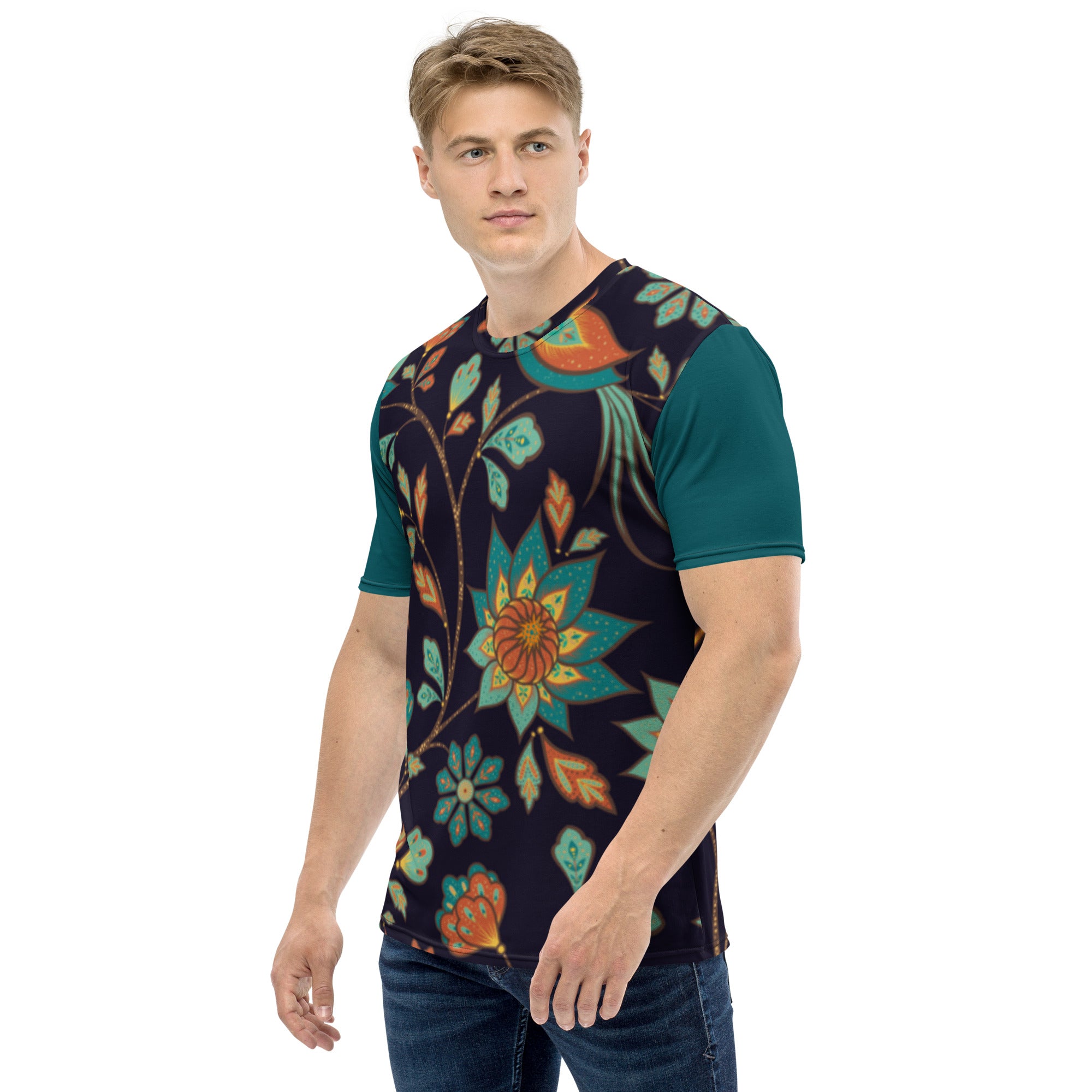 T-shirt Folhas Amarelas e Azuis com Mangas Azul Escuro