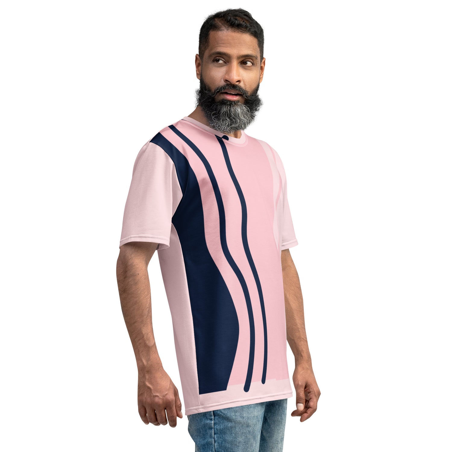 Camiseta Rosa com Linhas Azuis