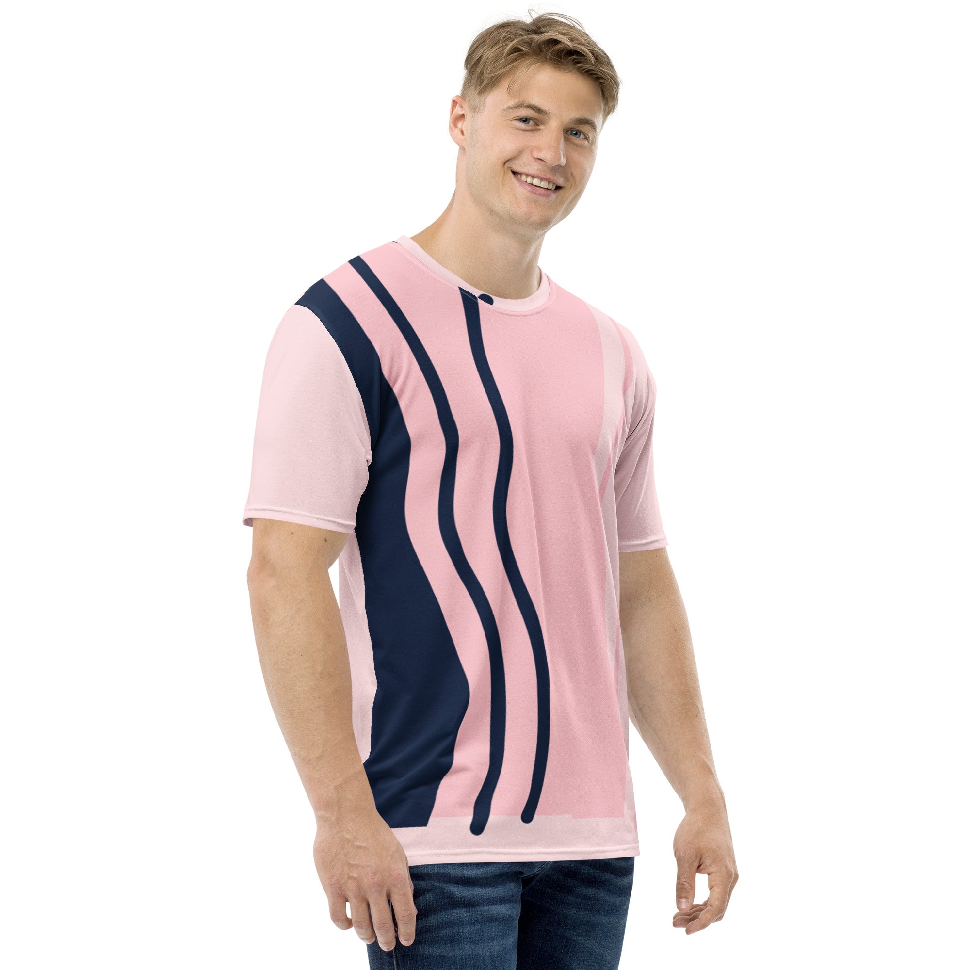 Camiseta Rosa com Linhas Azuis