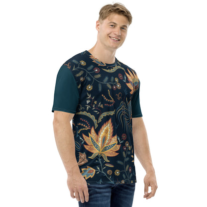 Camiseta com folhas amarelas em fundo azul escuro