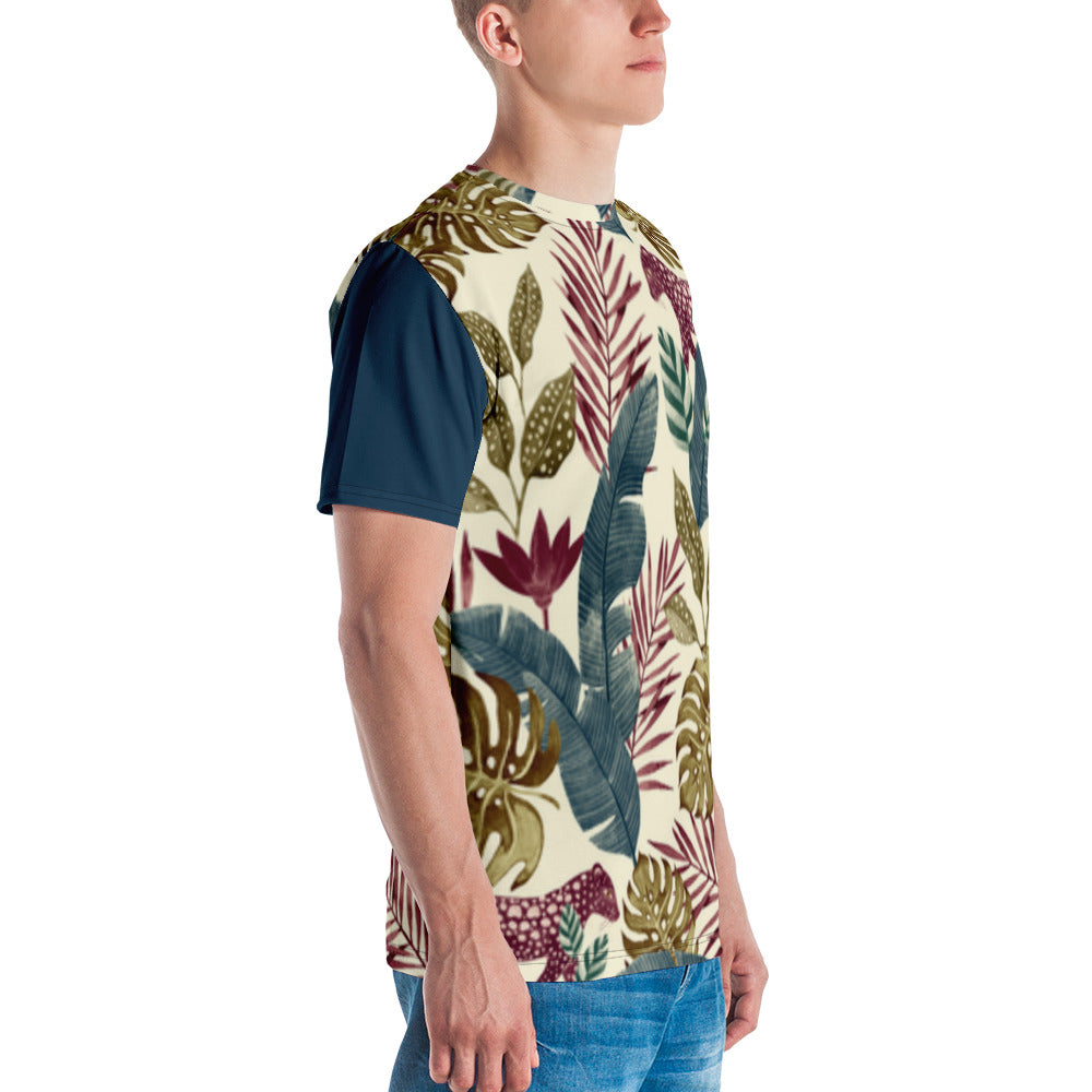 Camiseta Jaguar Vermelha na Floresta com Mangas Azul Escuro