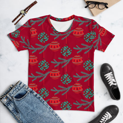 T-shirt da mãe combinando com o Natal das bolas vermelhas