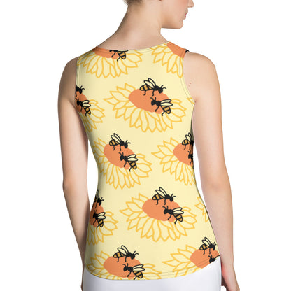 Camiseta sin mangas cortada y cosida por sublimación Girasol y abejas