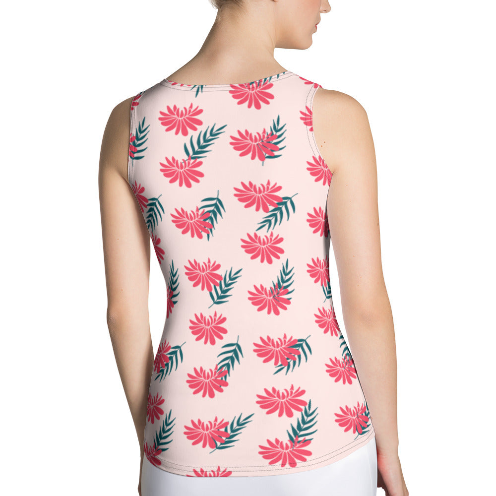 Sublimation Cut &amp; Sew Tank Top Red Flower and Green Leaves