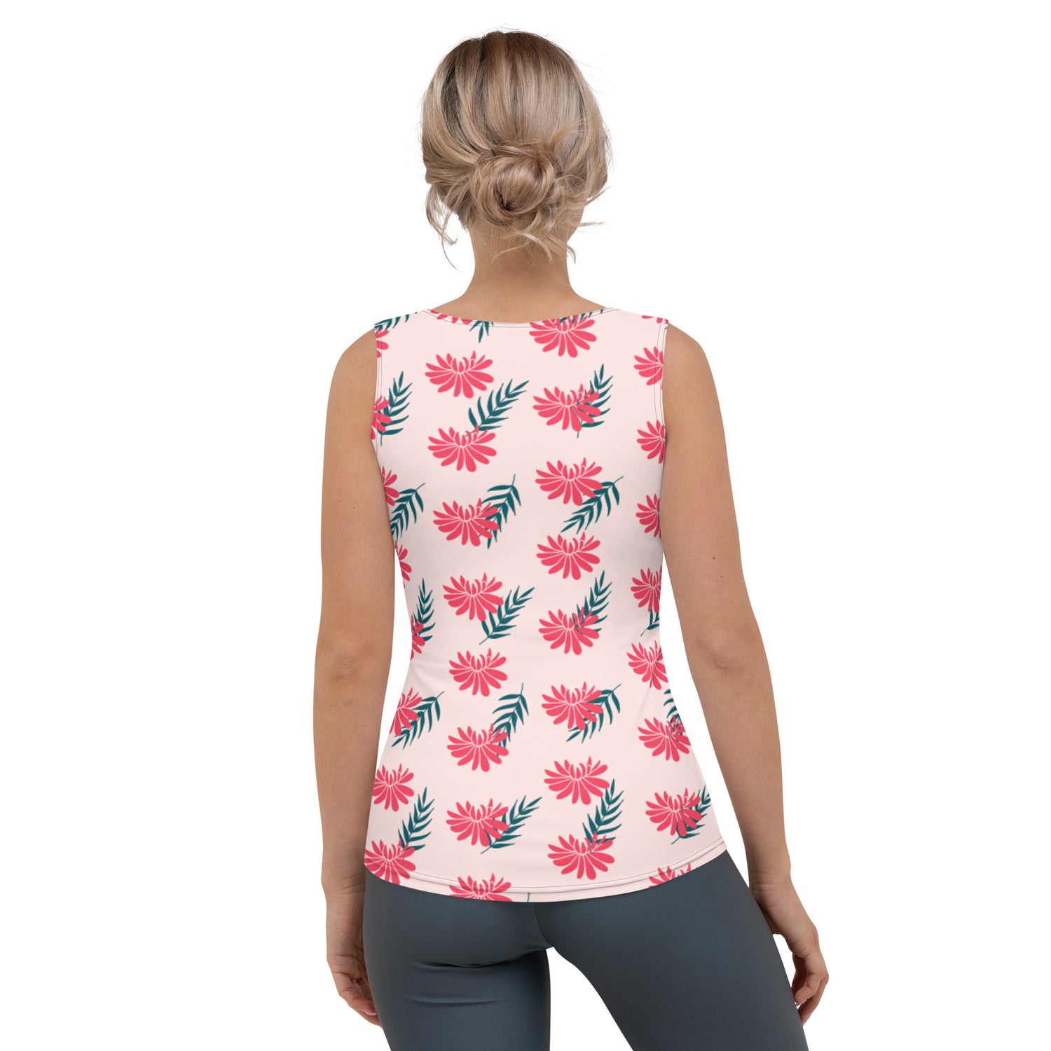 Sublimation Cut &amp; Sew Tank Top Red Flower and Green Leaves