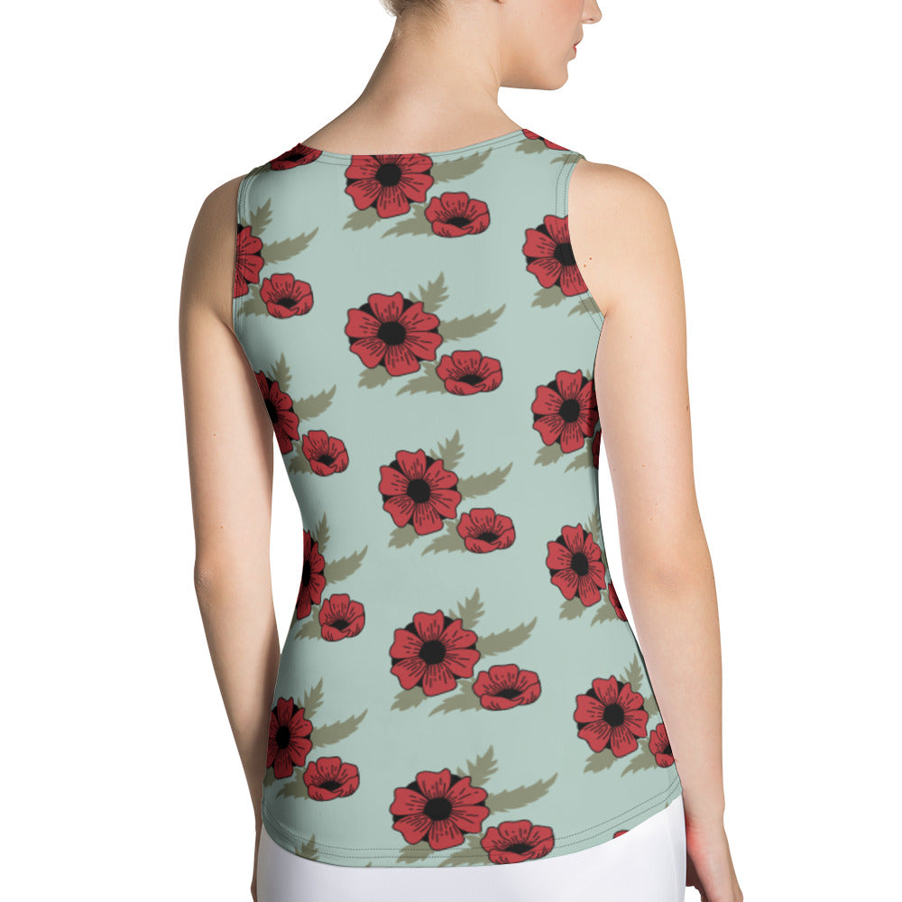 Sublimation Cut &amp; Sew Tank Top Red Flower Light Blue