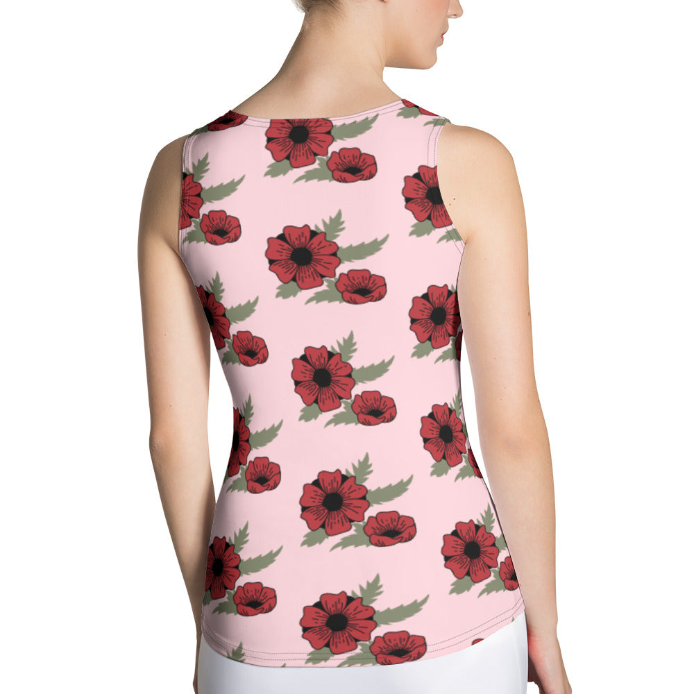 Sublimation Cut &amp; Sew Tank Top Red Flower on Light Pink