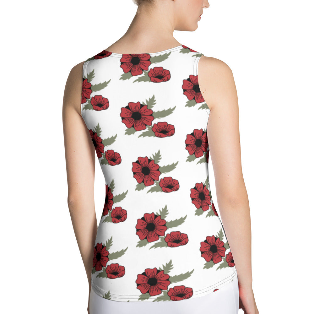 Sublimation Cut &amp; Sew Tank Top Red Flower On White