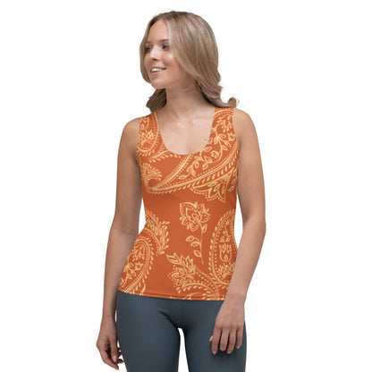 Camiseta Sin Mangas Cortada Y Cosida Por Sublimación Naranja Con Flores Amarillas