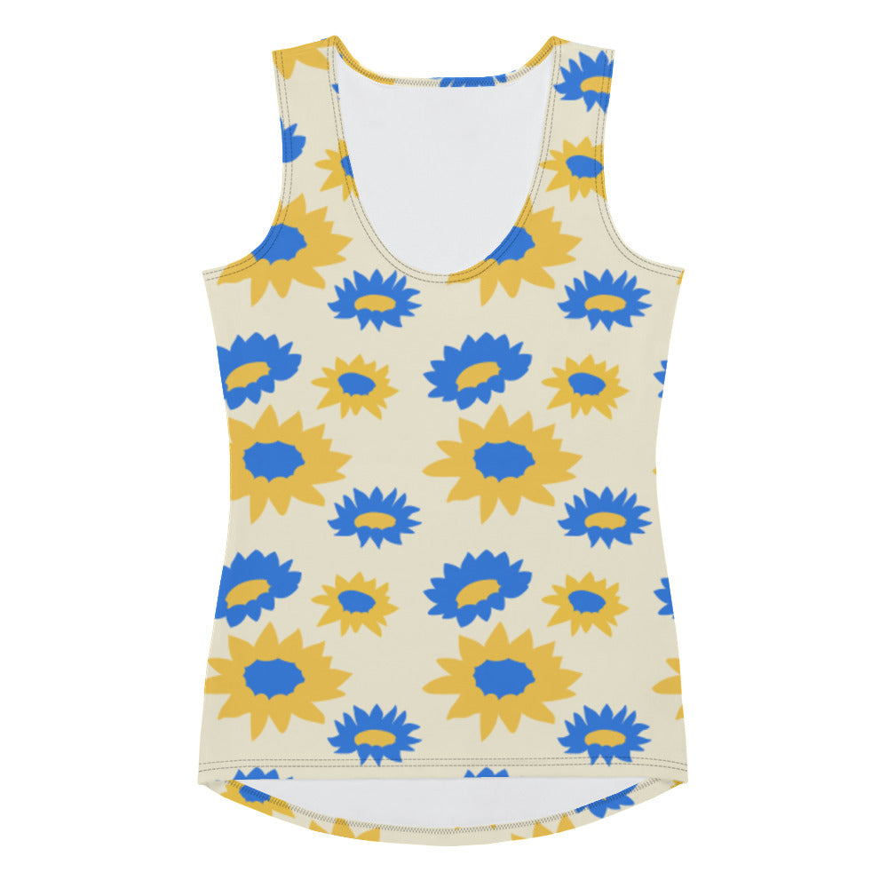 Sublimación Cut &amp;amp; Sew Tank Top flores azules y amarillas