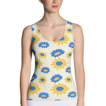 Sublimación Cut &amp;amp; Sew Tank Top flores azules y amarillas