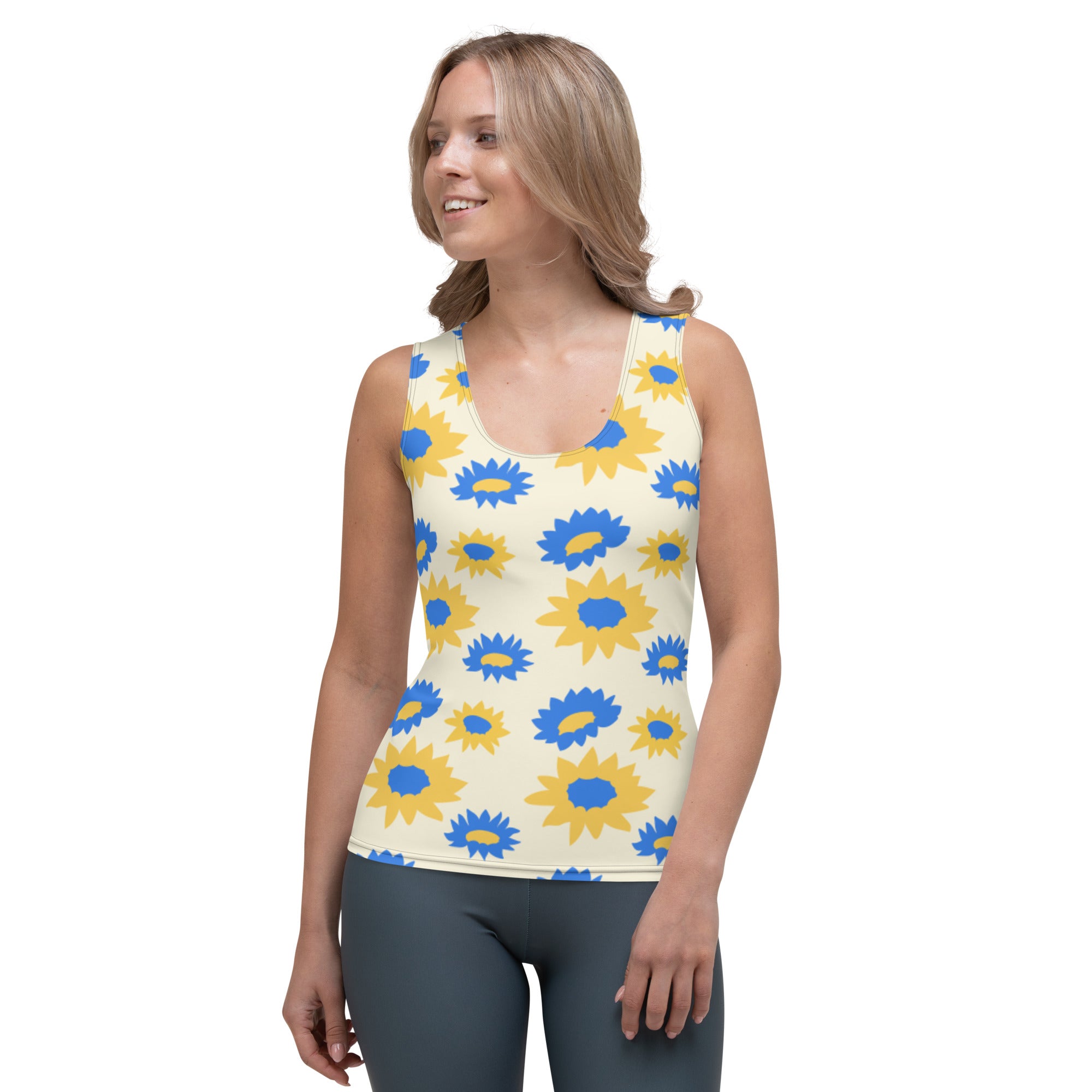 Sublimation Cut &amp; Sew Tank Top blue and yellow flowers