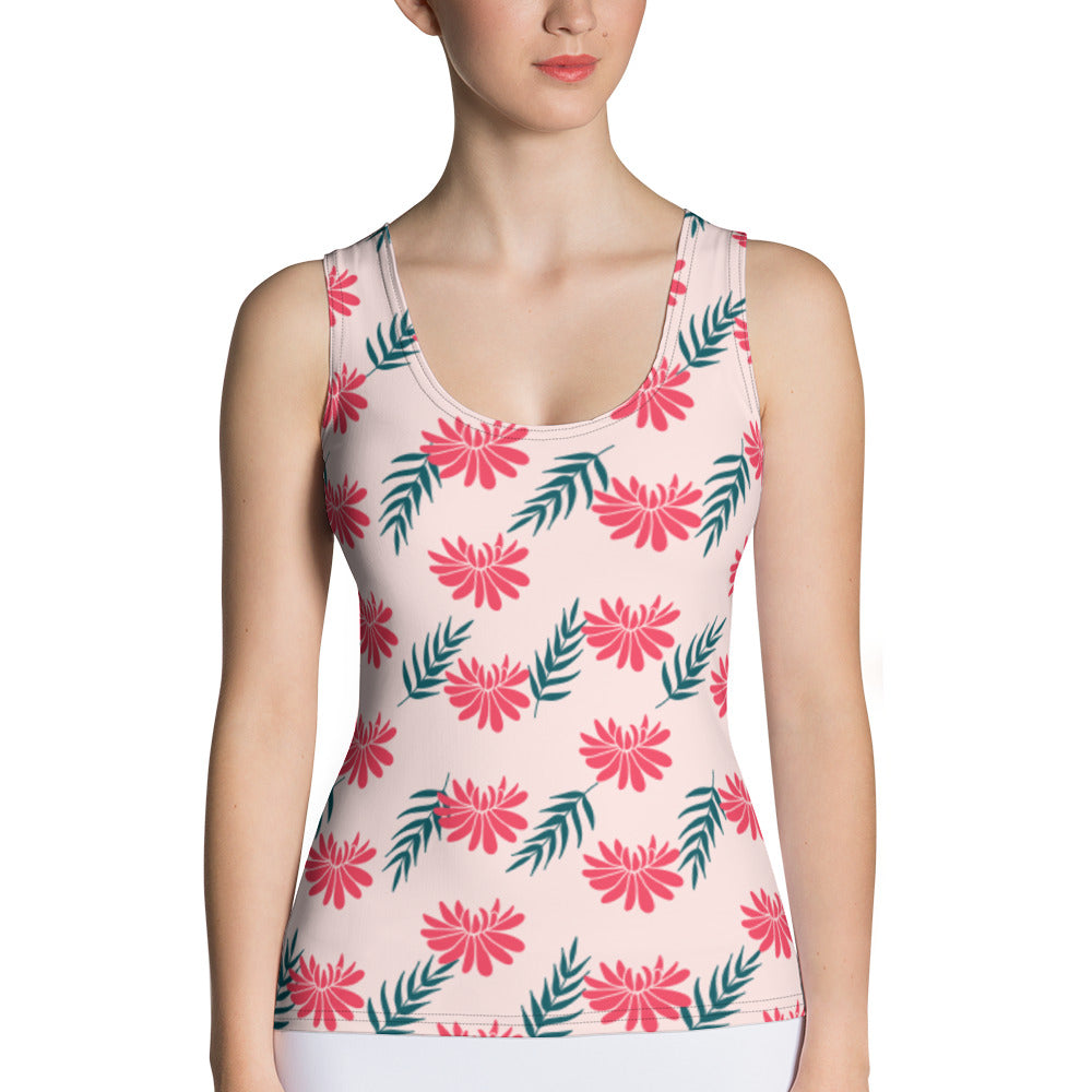 Sublimation Cut &amp; Sew Tank Top Red Flower and Green Leaves