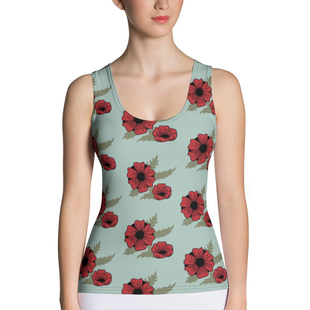 Sublimation Cut &amp; Sew Tank Top Red Flower Light Blue