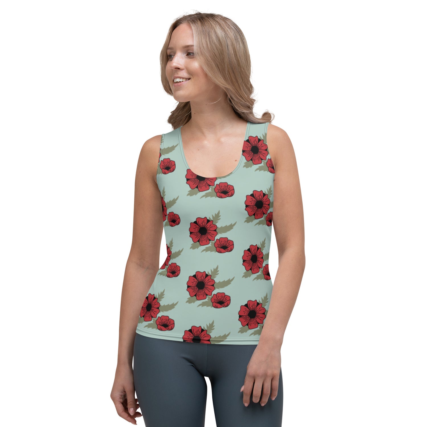 Sublimation Cut &amp; Sew Tank Top Red Flower Light Blue