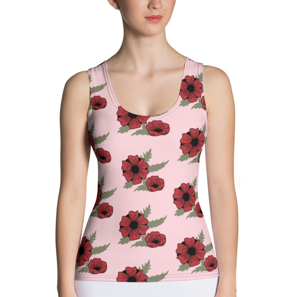 Sublimation Cut &amp; Sew Tank Top Red Flower on Light Pink