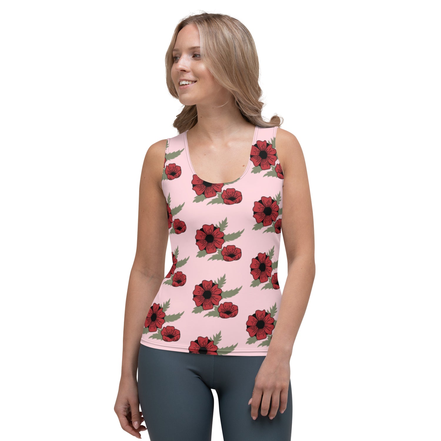 Camiseta sin mangas cortada y cosida por sublimación Flor roja sobre rosa claro