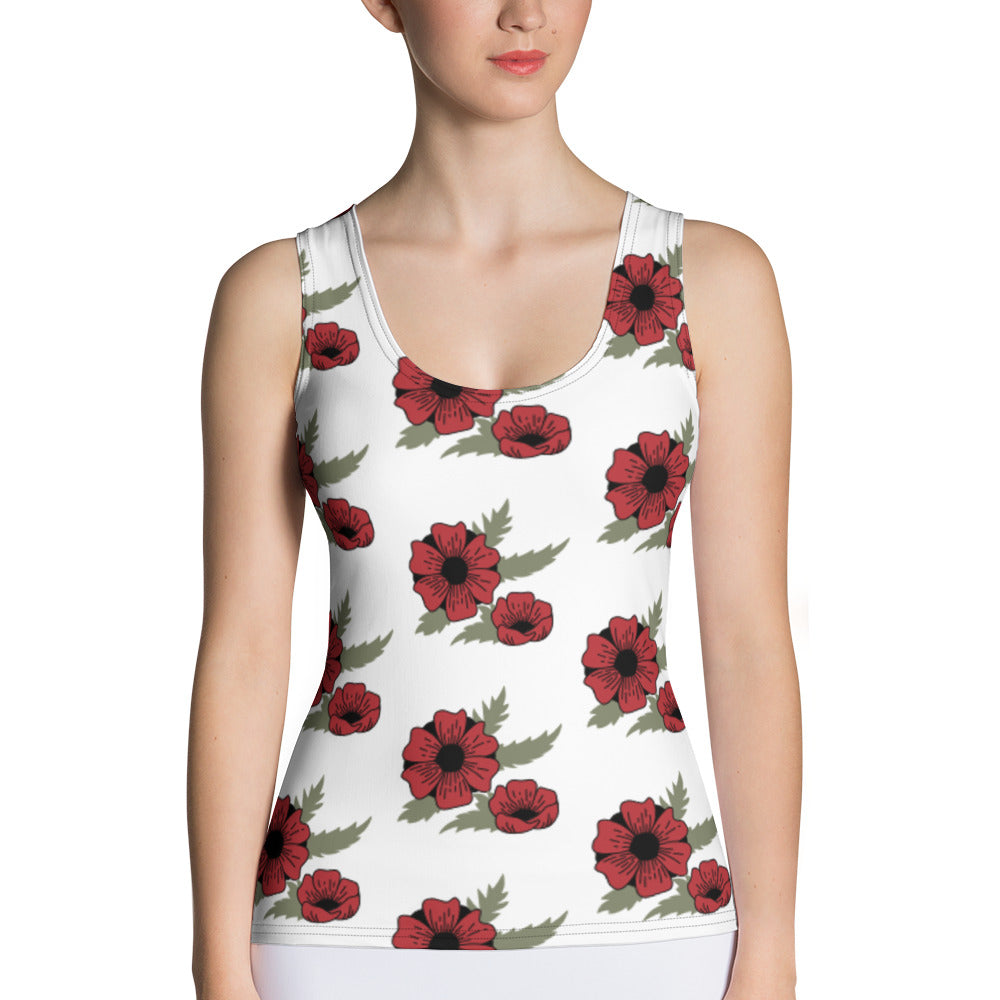 Sublimation Cut &amp; Sew Tank Top Red Flower On White