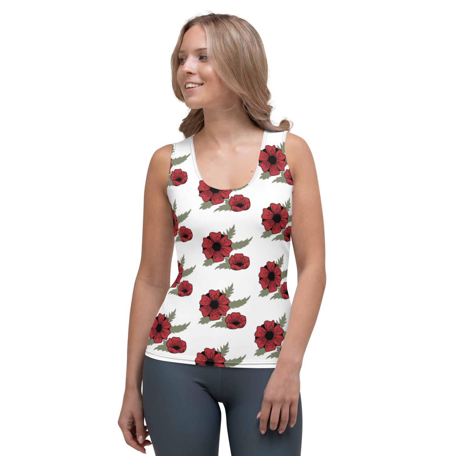 Sublimation Cut &amp; Sew Tank Top Red Flower On White