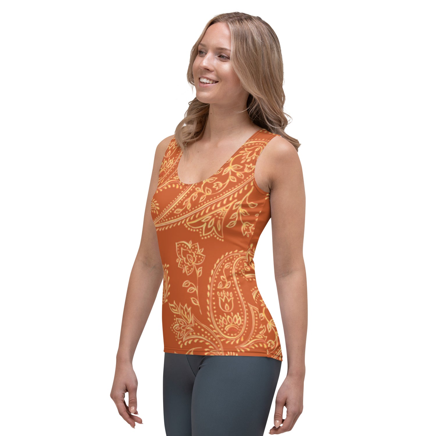 Sublimation Cut &amp; Sew Tank Top Orange With Yellow Flowers