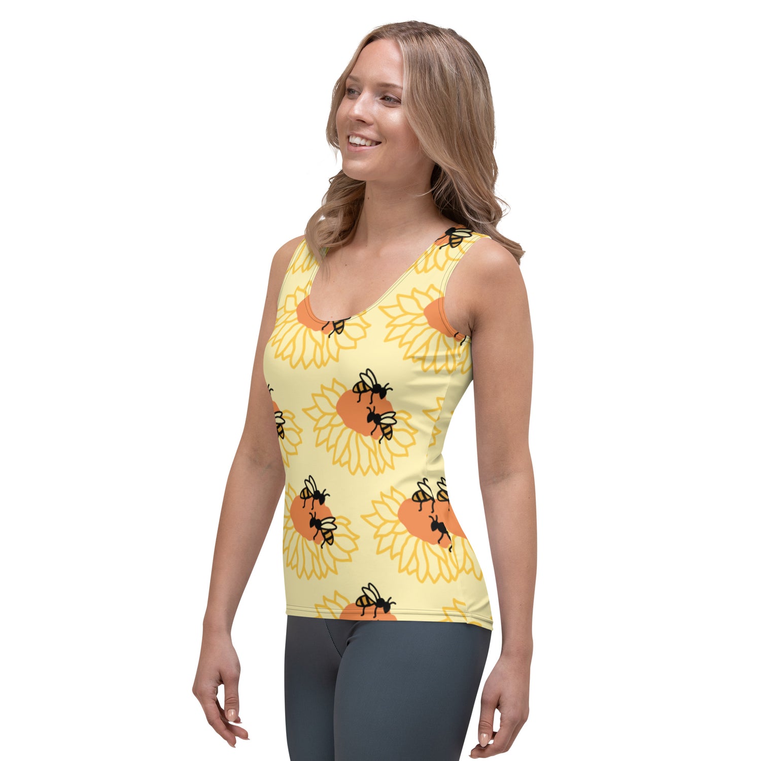 Camiseta sin mangas cortada y cosida por sublimación Girasol y abejas