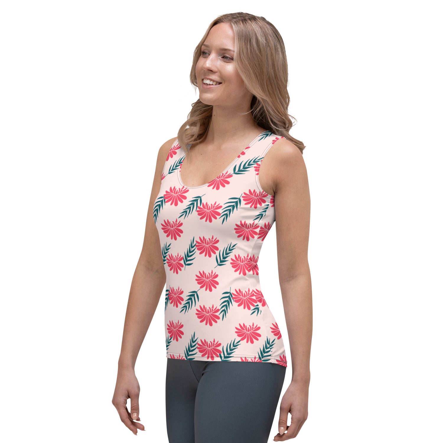 Sublimation Cut &amp; Sew Tank Top Red Flower and Green Leaves